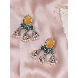 JEWILLEY Parnika Silver-Plated Artificial Stones Studded & Beaded Oxidised Jhumkas-picture-36