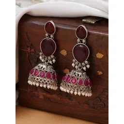 JEWILLEY Parnika Silver-Plated Artificial Stones Studded & Beaded Oxidised Jhumkas-picture-10