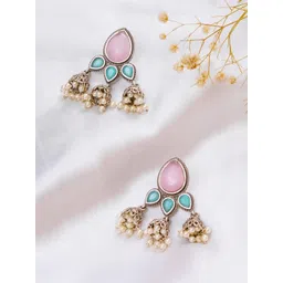 JEWILLEY Silver-Plated Artificial Stone Studded And Beaded Contemporary Drop Earrings-picture-20
