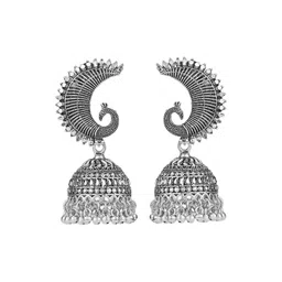 JFL - JEWELLERY FOR LESS Women Silver-Plated Peacock Shaped Oxidised Jhumkas Earrings-picture-14