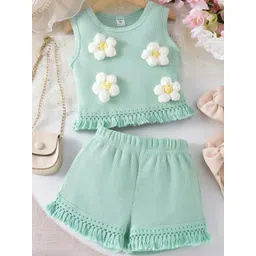 Jhilik Garments Girls Sea Green Sleeveless Floral Top & Shorts Set-picture-31