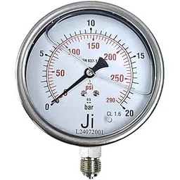 "Ji" Japsin Instrumentation Economical Glycerin Filled Pressure Gauge, 4" Dial, Range 0 to 20 Bar with Dual Scale of 290 PSI, Direct Mounting Bottom Entry, 3/8" BSP (M) Connection, SS Material-image-47