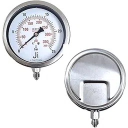 "Ji" Japsin Instrumentation Economical Pressure Gauge for OXYGEN (USE NO OIL), 4" Dial, Range 0-25 Bar/360 PSI, Bottom Entry, 1/4" BSP (M) Connection, SS Case & Wetted Parts (Case Bayonet Type)-image-20