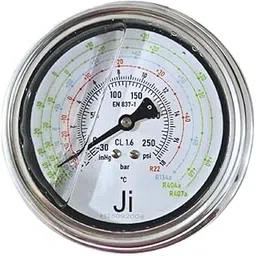 "Ji" Japsin Instrumentation Refrigeration Pressure Gauge (Gly) Filled, 4'' Dial, -1 to 18 Bar / -30 inHg to 250 PSI, R22/R134a/R404a/R407a, SS Body, Panel Back Entry 1/4" BSP Ferrule Tube Fittings SS-image-31