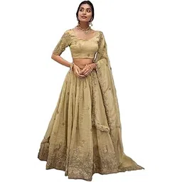 jihu culture Beige Silk Thread Sequence Embroidery Work Semi-Sttiched Lehenga Choli Set For Women-picture-47