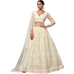 jihu culture Women 's White Soft Net Embroidered Semi-Stitched Lehenga Choli-picture-14