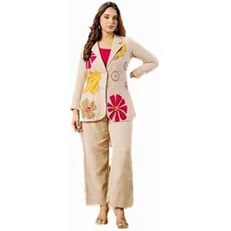 jikra jaipur Women’s Embroidery Blazer Three Piece Set | Beige Color Formal Ensemble | Floral Appliqué Work | Coordinated Top Inner, Blazer | Elegant Office, Party Outfit | Stylish Layered Design-picture-55