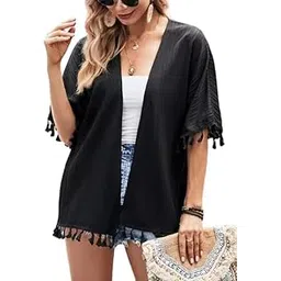 jimeet fashion Women's Trendy Cotton Shrugs - Solid Lace Sleeves, Stylish, Elegant, Lightweight, Casual, Foldable Sleeve Shrugs Black (IN, Alpha, XL)-picture-31