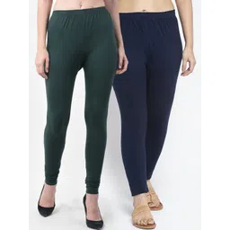 Jinfo Women Green & Navy Blue Pack Of 2 Solid Leggings-picture-40