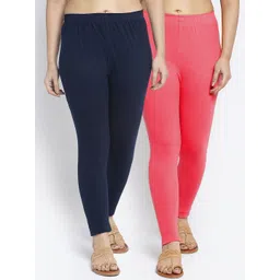 Jinfo Women Navy Blue & Peach Pack Of 2 Solid Ankle-Length Leggings-picture-17