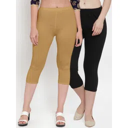 Jinfo Women Pack of 2 Black and Beige Cotton Lycra Capris-picture-36