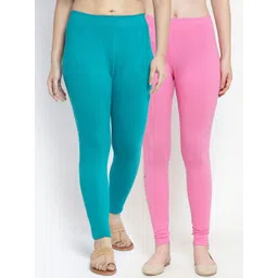 Jinfo Women Pack Of 2 Pink & Sea Green Solid Ankle-Length Leggings-picture-14