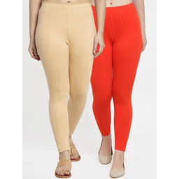 Jinfo Women Pack Of 2 Red & Biege Solid Churidar-Length Leggings-picture-11