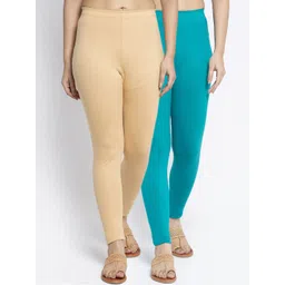 Jinfo Women Pack Of 2 Solid Beige & Sea Green Solid Leggings-picture-31