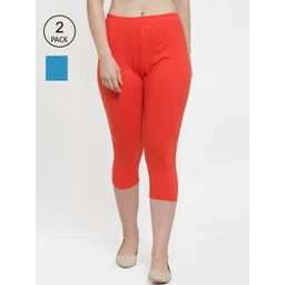 Jinfo Women Pack of 2Orange & Blue Cotton Lycra Capris-picture-15