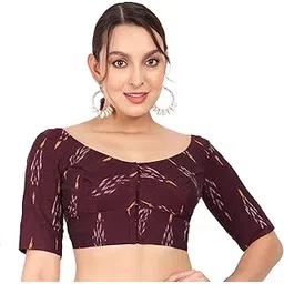 jisb Women's Ikkat Cotton Elbow Length Sleeves Saree Blouse-picture-29