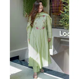 JISHNAM Women Floral Embroidered Panelled Thread Work Chanderi Cotton Kurta with Trousers & With Dupatta-picture-26