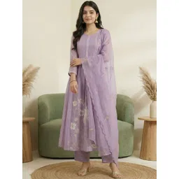 JISHNAM Women Floral Embroidered Panelled Thread Work Chanderi Silk Kurta with Trousers & With Dupatta-picture-22