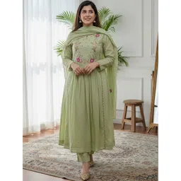 JISHNAM Women Floral Embroidered Regular Thread Work Chanderi Cotton Kurta with Trousers & With Dupatta-picture-33