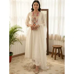 JISHNAM Women Yoke Design Regular Thread Work Chanderi Cotton Kurta with Trousers & With Dupatta-picture-18