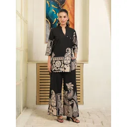 JISORA Black & Cream Coloured Ethnic Motifs Printed Cotton V Neck Top With Palazzo Co-Ords-picture-33