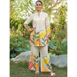 JISORA Off White & Green Floral Printed Pure Cotton Tunic With Palazzo-picture-15