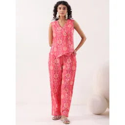 JISORA Printed V-Neck Pure Cotton Waistcoat With Trousers Co-Ords-picture-21