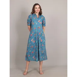 Jivitha Floral Printed Shirt Collar A-Line Cotton Midi Dress-picture-36
