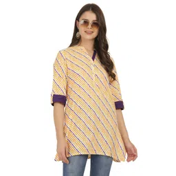 Jivitha Striped Mandarin Collar Block Print Cotton Longline Top-picture-35
