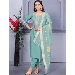 JIYASIYA Women Ethnic Motifs Embroidered Regular Thread Work Kurta with Trousers & With Dupatta-picture-27