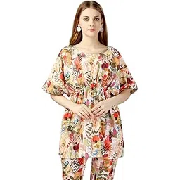jj creations Women's Crepe Blend Straight Round Neck Floral Printed Kaftan Top with Pant-picture-19