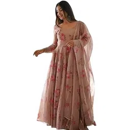 jk fabrics Women's Solid Flower Printed Georgette Gown with Dupatta Wear and Dupatta Set Long Dress, Latest Georgette Long Anarkali Gown Set for Women-picture-30