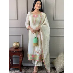 J.KANJI Floral Embroidered Sequinned Straight Kurta With Trousers & Dupatta-picture-15