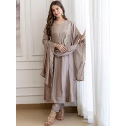 J.KANJI Women Ethnic Motifs Embroidered Panelled Thread Work Dupion Silk Kurta with Trousers & With Dupatta-picture-10