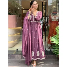 J.KANJI Women Ethnic Motifs Embroidered Pleated Thread Work Chanderi Silk Kurta with Trousers & With Dupatta-picture-23