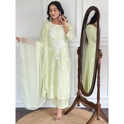 J.KANJI Women Ethnic Motifs Embroidered Regular Chikankari Pure Cotton Kurta with Palazzos & With Dupatta-picture-20