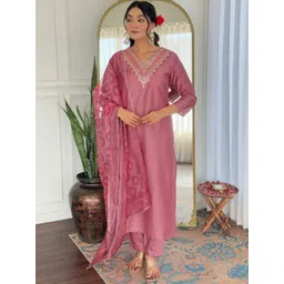 J.KANJI Women Ethnic Motifs Embroidered Thread Work Kurta with Trousers & Dupatta-picture-24