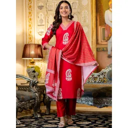 J.KANJI Women Ethnic Motifs Printed Regular Kurta with Trousers & With Dupatta-picture-28