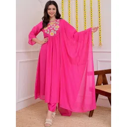 J.KANJI Women Floral Embroidered Empire Thread Work Chanderi Silk Kurta with Trousers & With Dupatta-picture-32