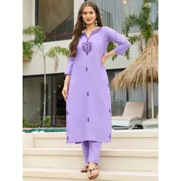 J.KANJI Women Floral Embroidered V-Neck Pure Cotton Kurta with Trousers & Dupatta-picture-11