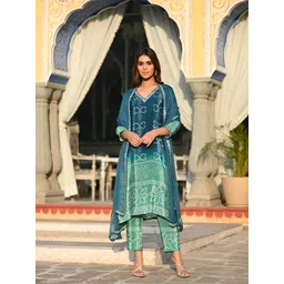 J.KANJI Women Leheriya Dyed Regular Thread Work Kurta with Trousers & Dupatta-picture-24
