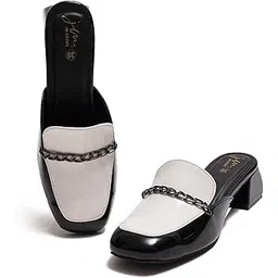 jm looks Metal Chain Block Heel Mules for Women Closed Toe Slip on Loafers Backless Mules-picture-22