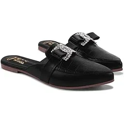 jm looks Women’s Mules Pointed-Toe Crocodile-Texture Sparkling Embellished Buckle Slip-On Flats for Evening workwear, festive, or casual-picture-23