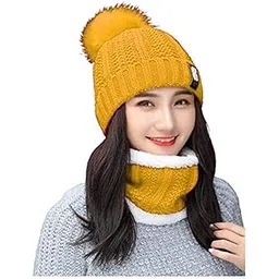 jmp Women's Knit Scarf Beanie Hat 2PCS Set Fleece Lined Pom Skull Cap Scarves Soft Warm Winter Gift Set (Yellow,Freesize)-picture-48