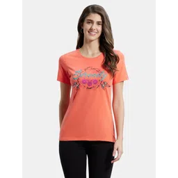 1361 Women Printed Round Neck Cotton Blend Pink T-Shirt-image-14