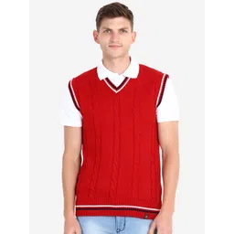 JoE Hazel Men Red Acrylic Self Design Sweater Vest-picture-29