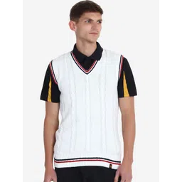 JoE Hazel Men White Self Design Acrylic Sweater Vest-picture-30