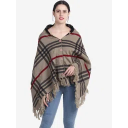JoE Hazel Women Acrylic Beige & Maroon Checked Poncho-picture-38