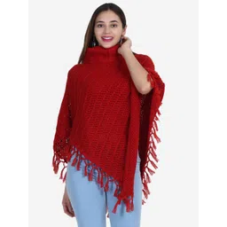 JoE Hazel Women Red Asymmetric Tasseled Detailed Poncho-picture-28