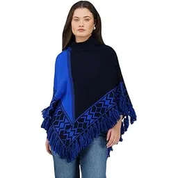joe hazel Women Royal Blue Poncho – Fringed Cape with Tribal Design-picture-31